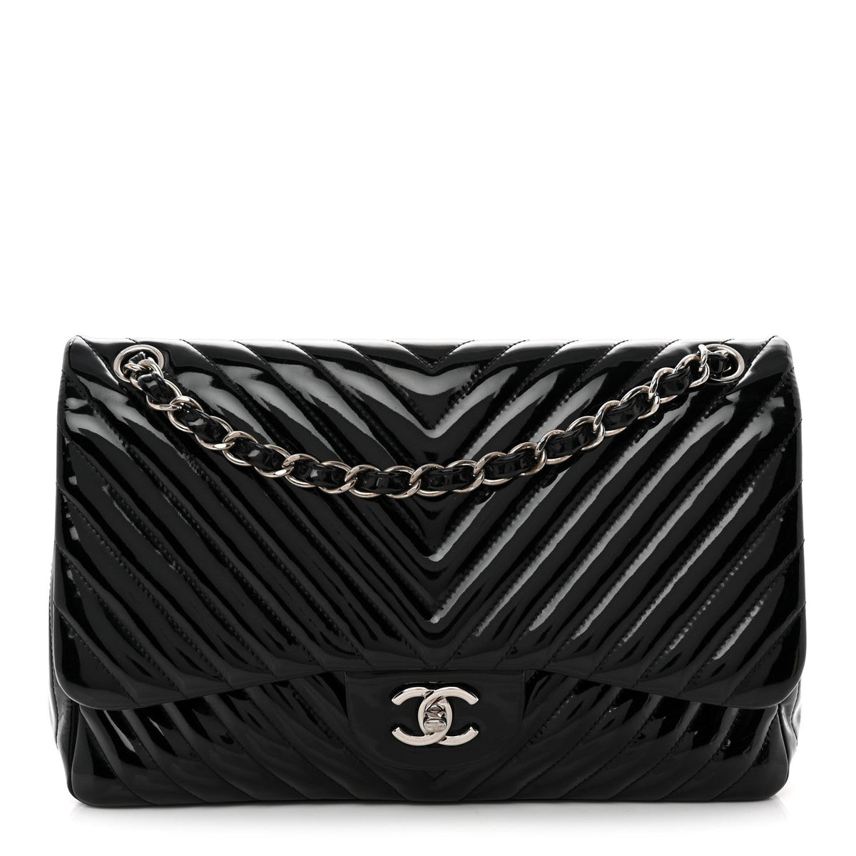 Patent Chevron Quilted Jumbo Double Flap Black At My store