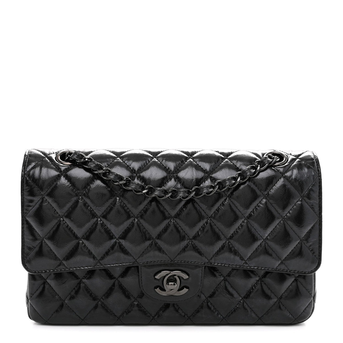 Shiny Crumpled Calfskin Quilted Medium Double Flap So Black At My store