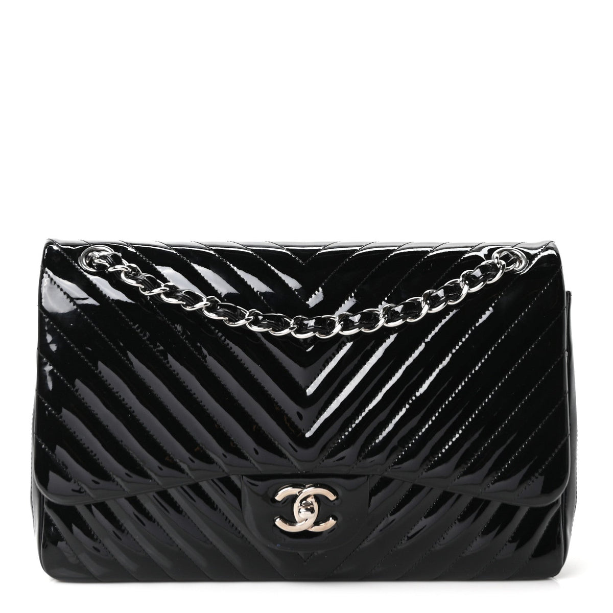 Patent Chevron Quilted Jumbo Double Flap Black At My store