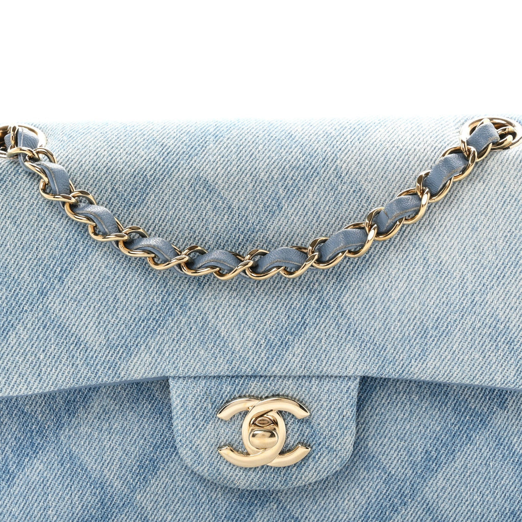 Printed Denim Quilted Small Double Flap Light Blue At My store