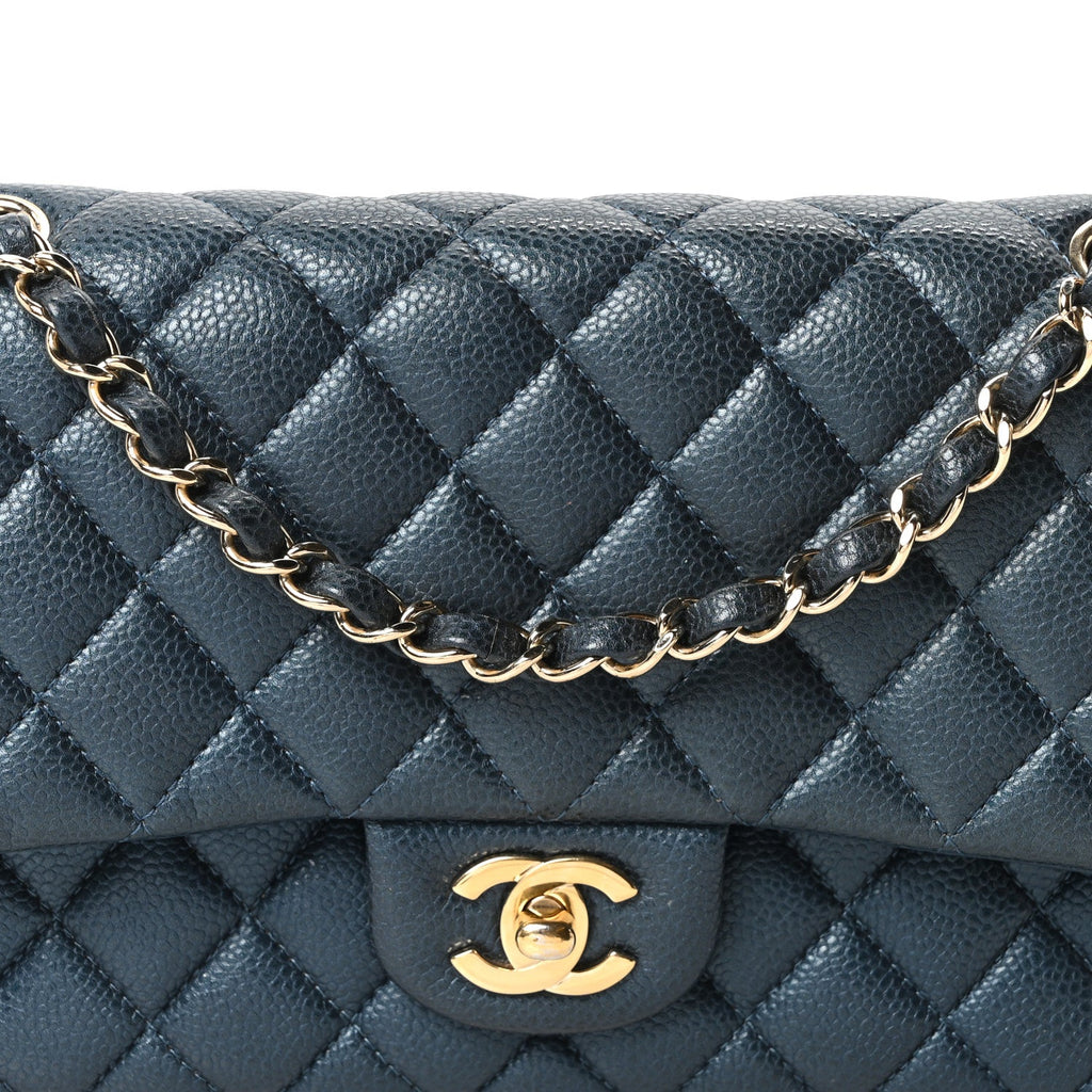 Metallic Caviar Quilted Medium Double Flap Dark Blue At My store