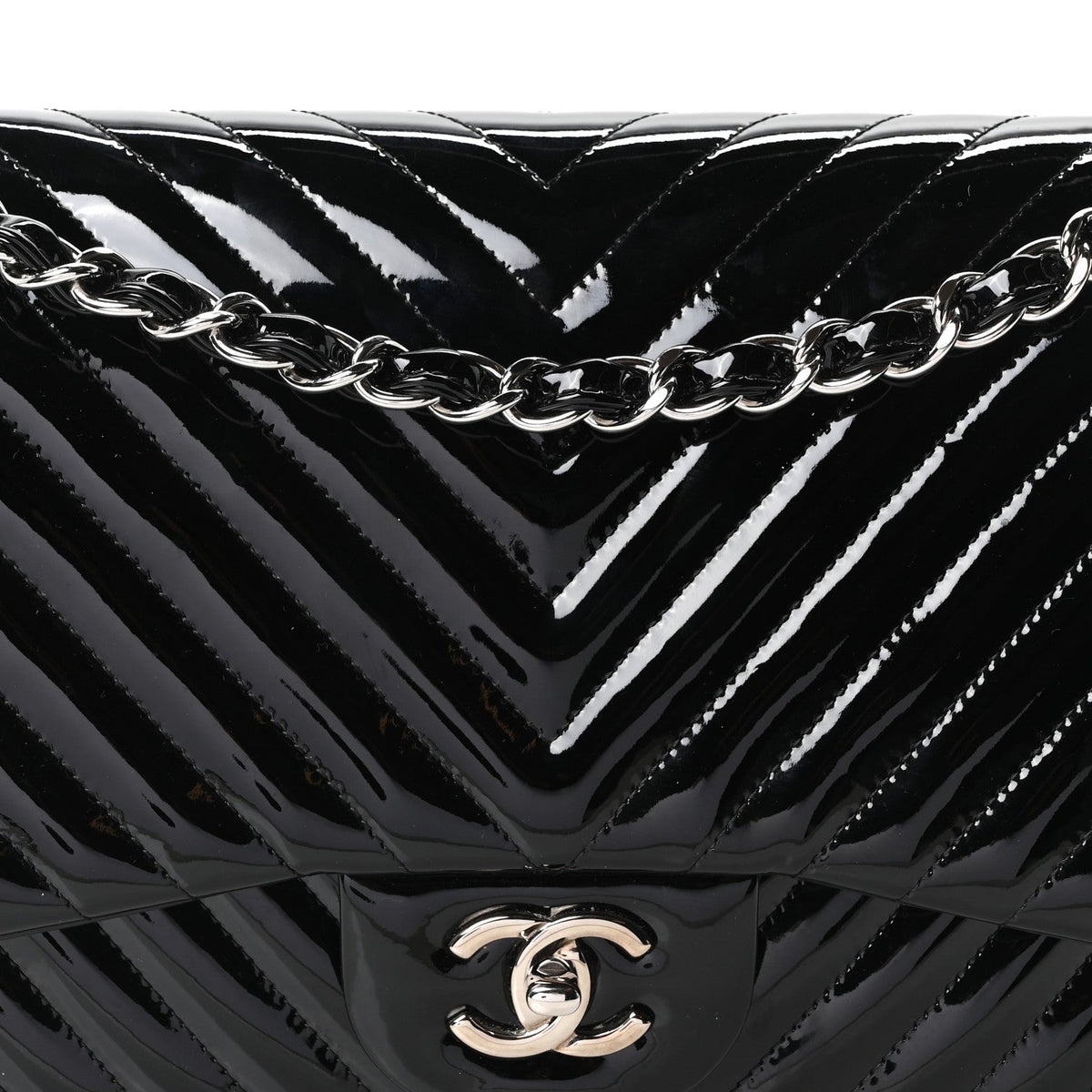 Patent Chevron Quilted Jumbo Double Flap Black At My store
