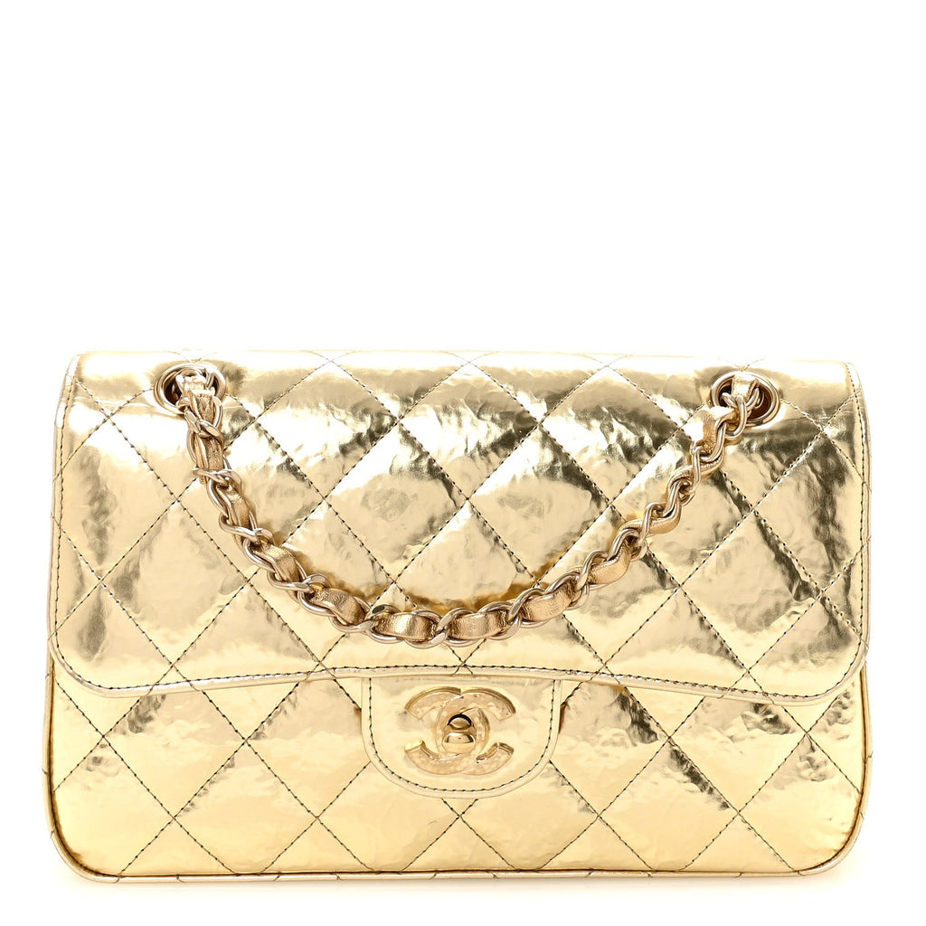 Hammered Metallic Calfskin Quilted Small Double Flap Gold At My store