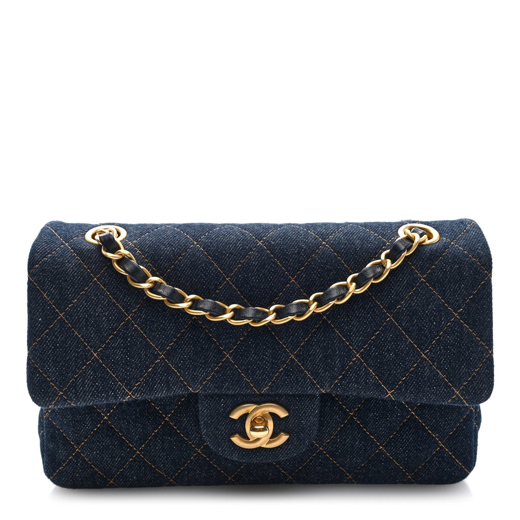 Denim Quilted Small Double Flap Dark Blue Orange At My store