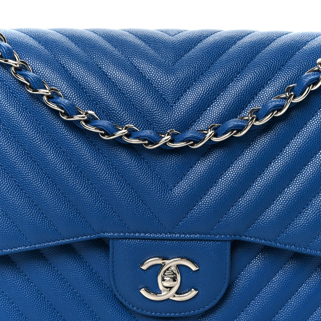 Caviar Chevron Quilted Jumbo Double Flap Blue At My store