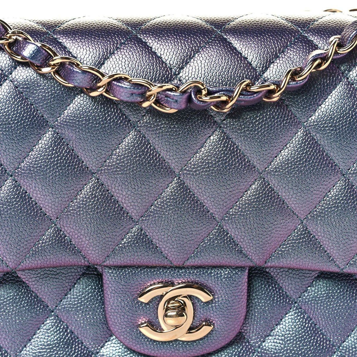 Iridescent Caviar Quilted Medium Double Flap Purple At My store