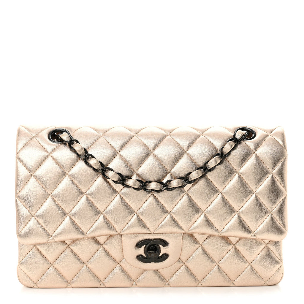 Metallic Lambskin Quilted Medium Double Flap Gold Black At My store