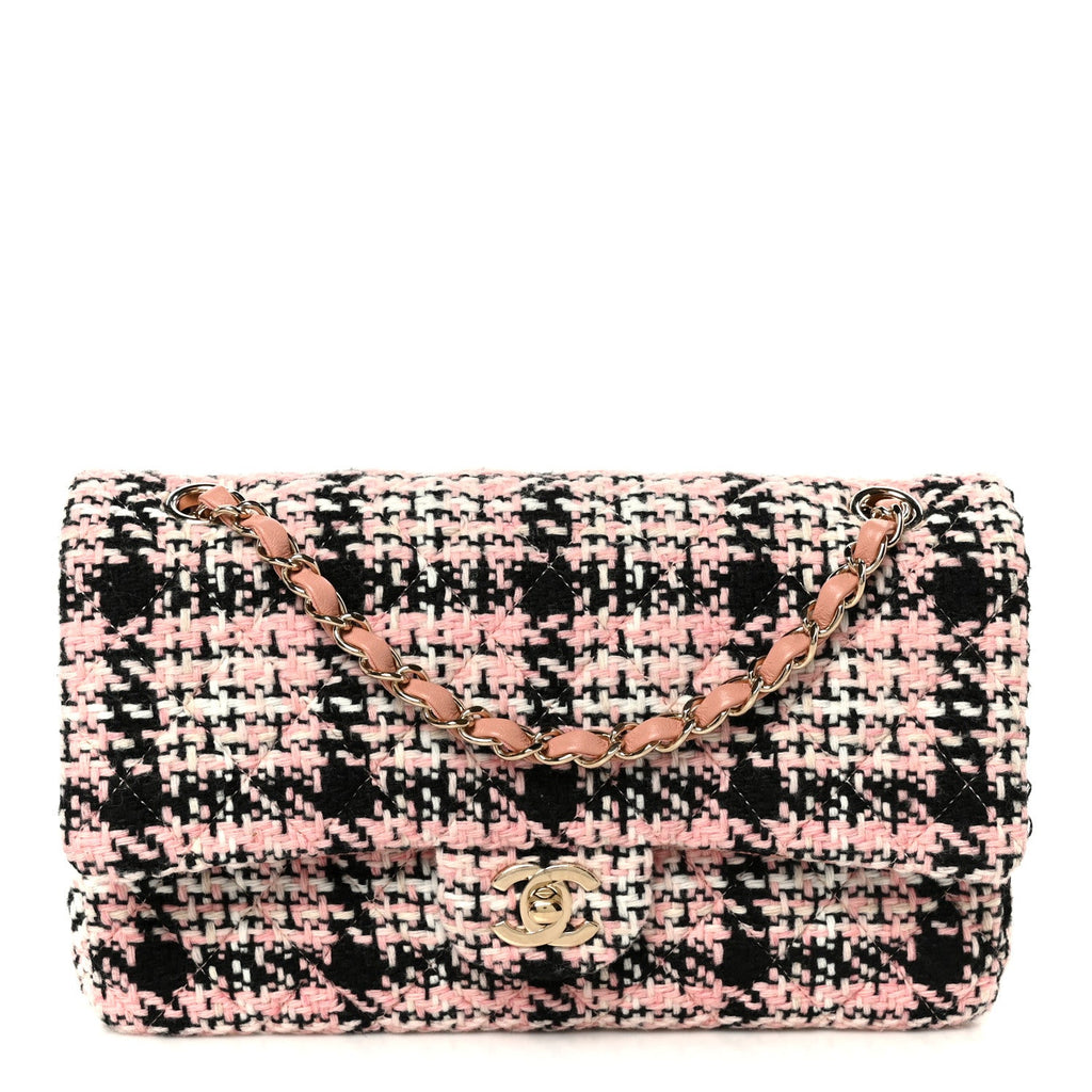 Tweed Quilted Medium Double Flap Pink Black White At My store