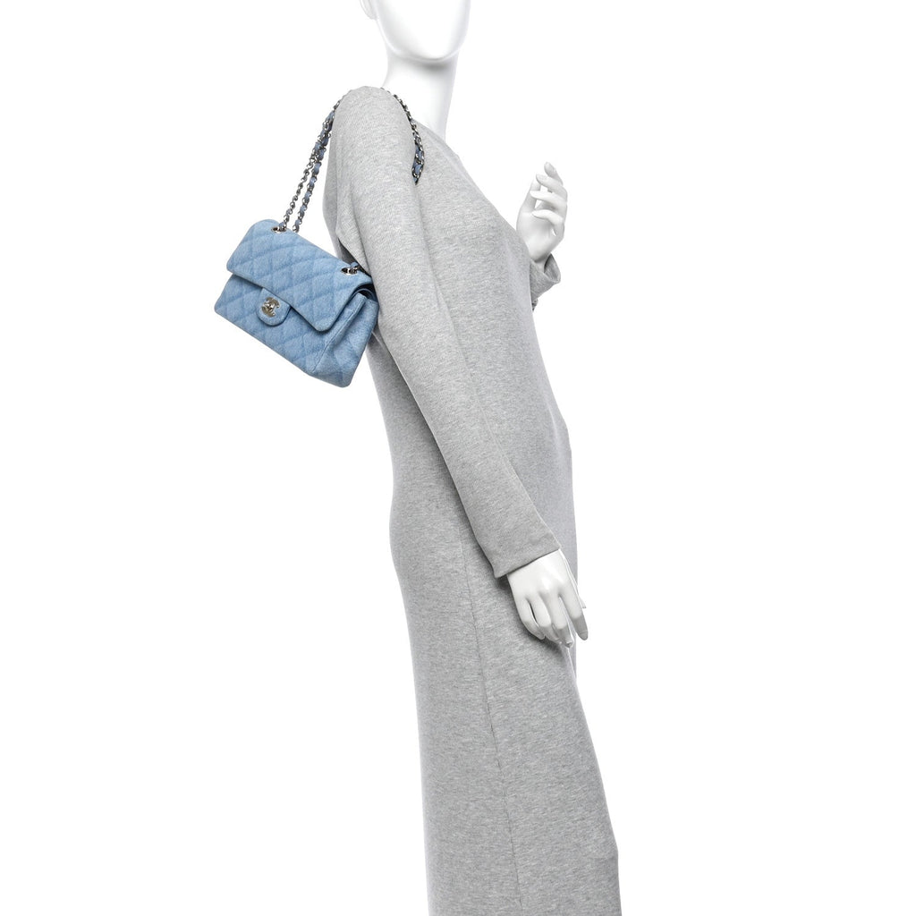 Printed Denim Quilted Small Double Flap Light Blue At My store