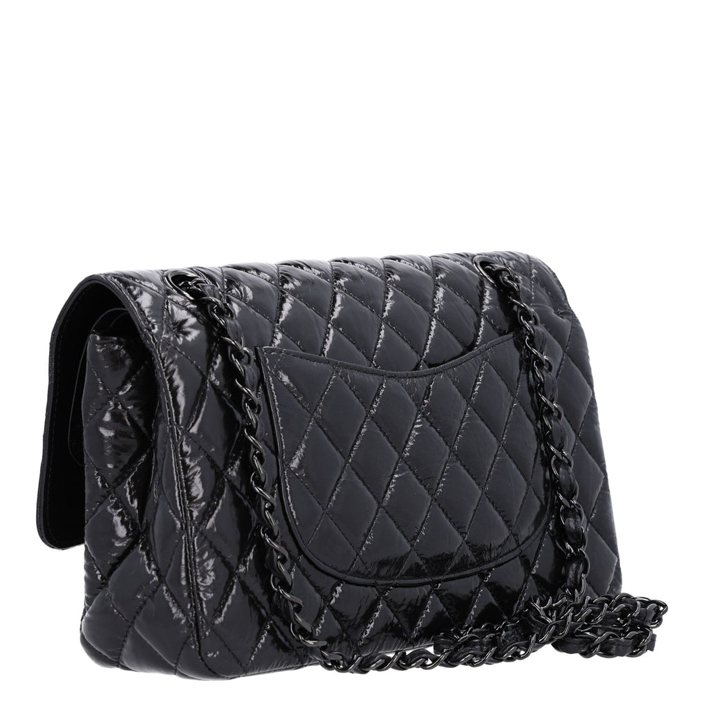Shiny Crumpled Calfskin Quilted Medium Double Flap So Black At My store