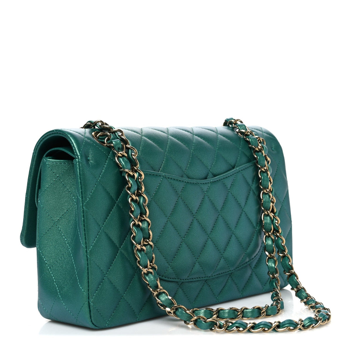 Iridescent Calfskin Quilted Medium Double Flap Green At My store