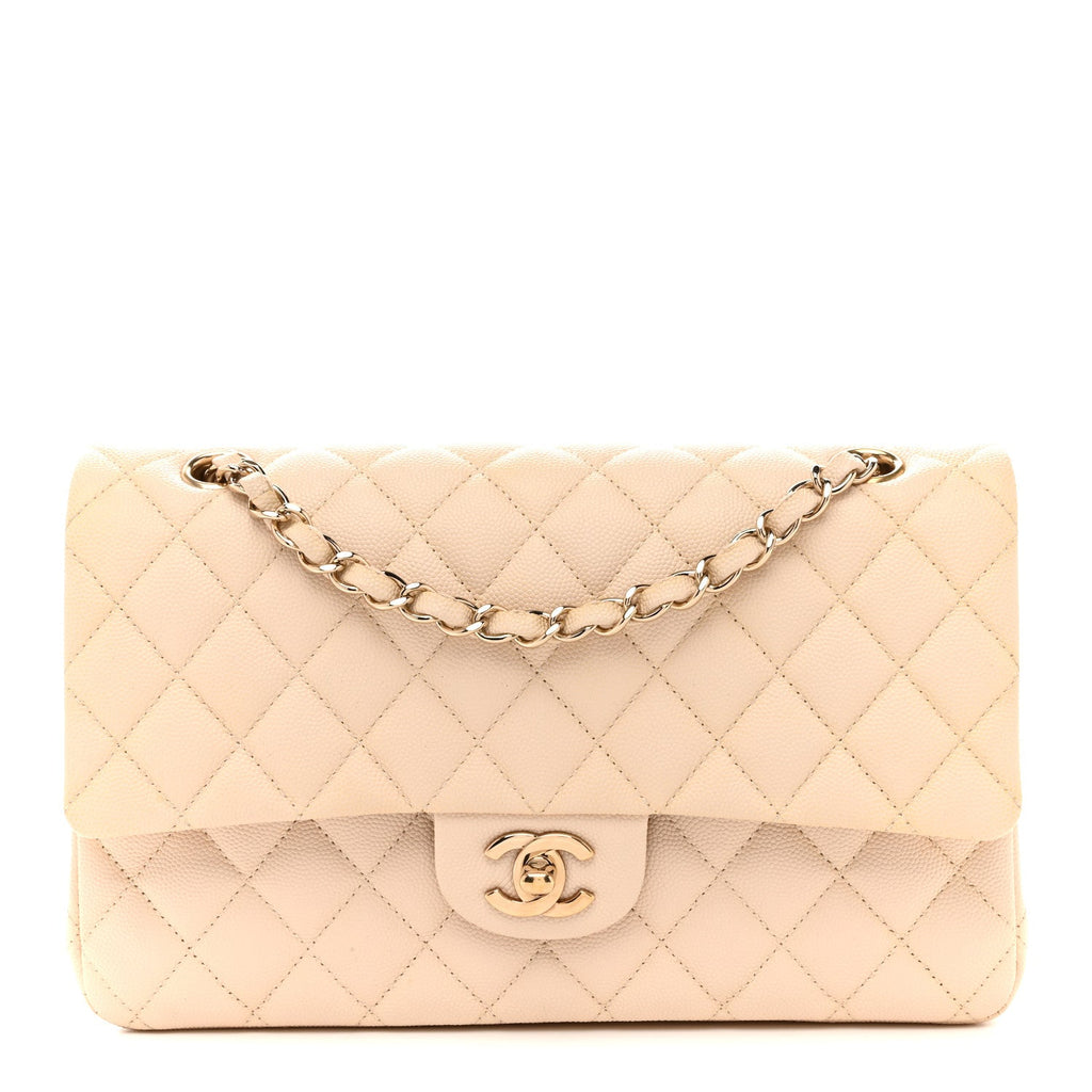 Caviar Quilted Medium Double Flap Light Beige At My store