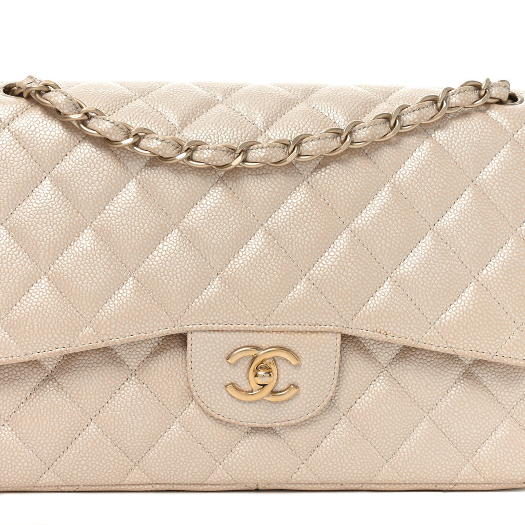 Iridescent Caviar Quilted Jumbo Double Flap Beige At My store