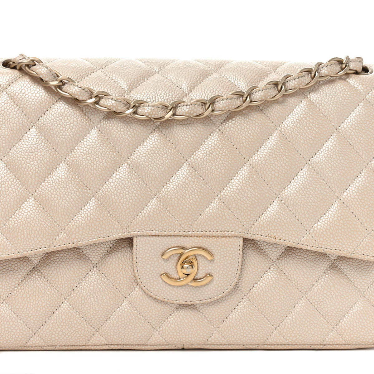 Iridescent Caviar Quilted Jumbo Double Flap Beige At My store