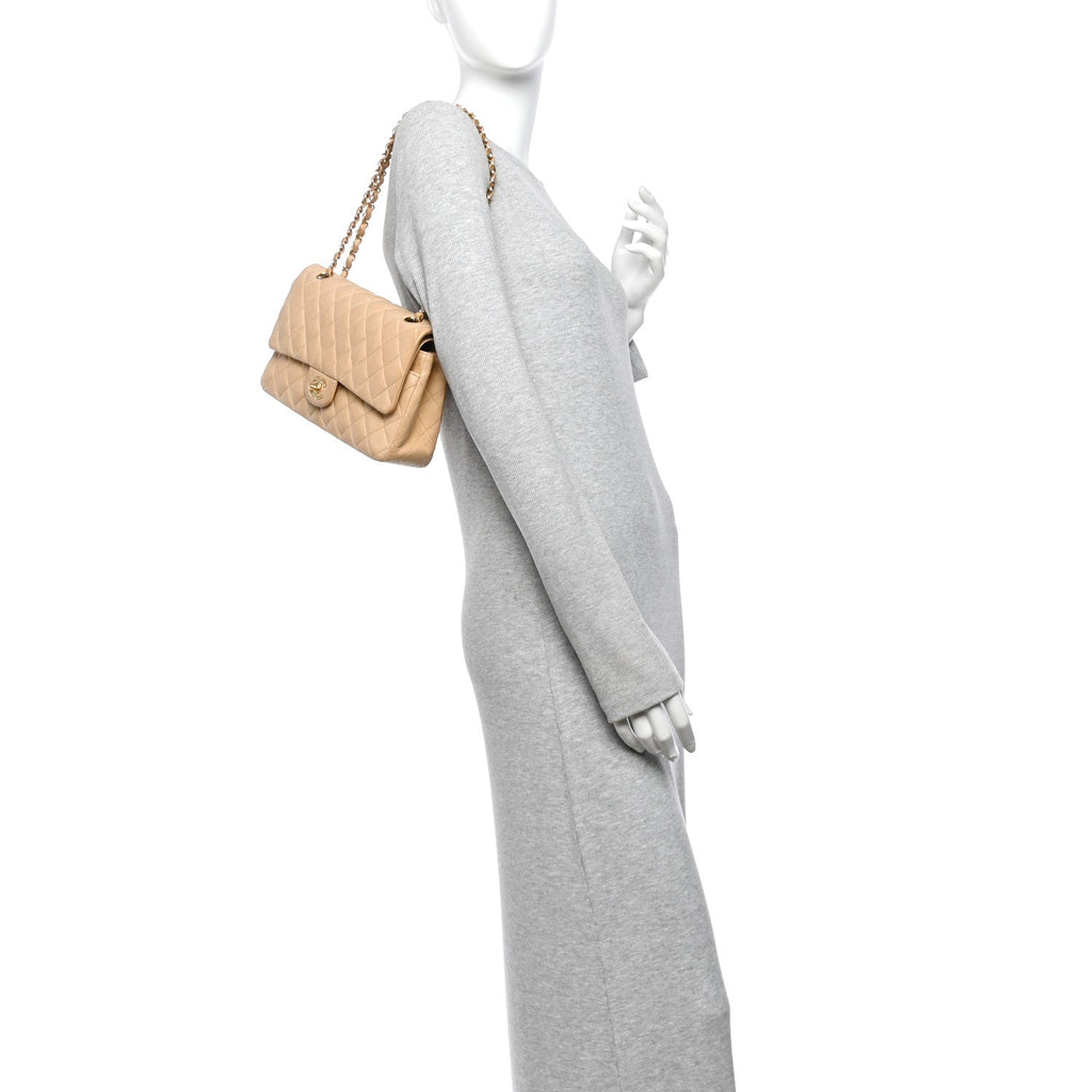 Lambskin Quilted Medium Double Flap Beige At My store
