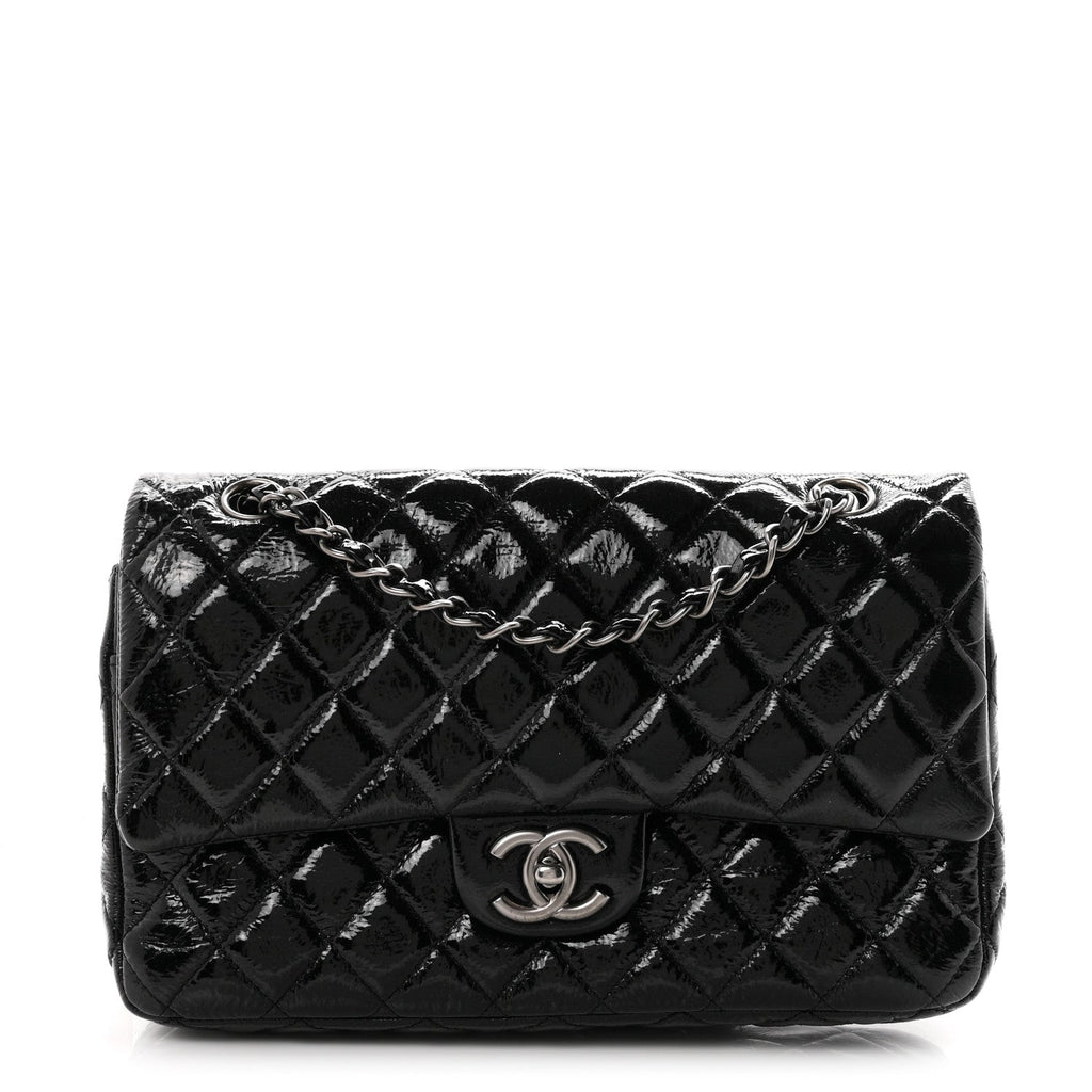 Crumpled Patent Quilted Medium Double Flap Black At My store