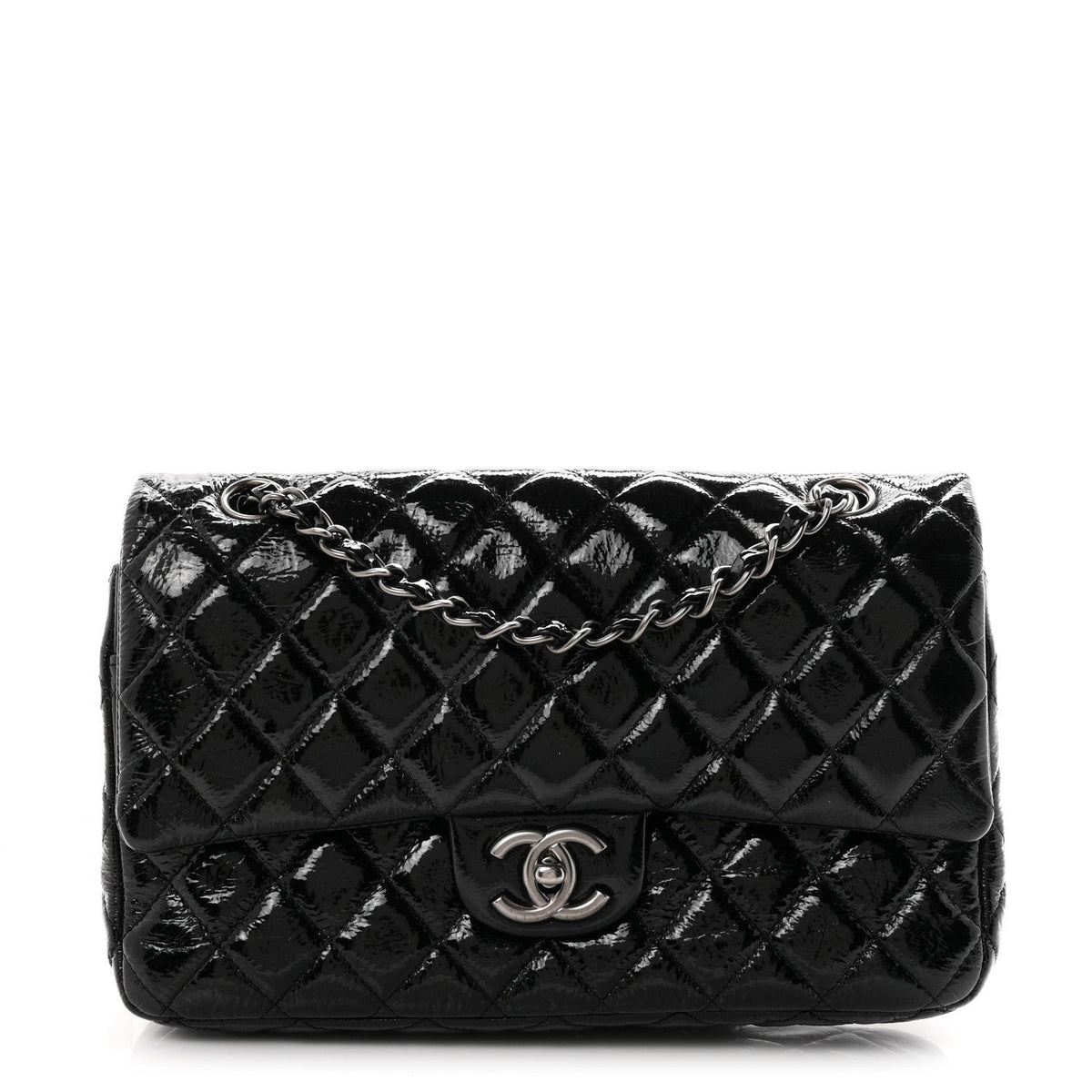 Crumpled Patent Quilted Medium Double Flap Black At My store
