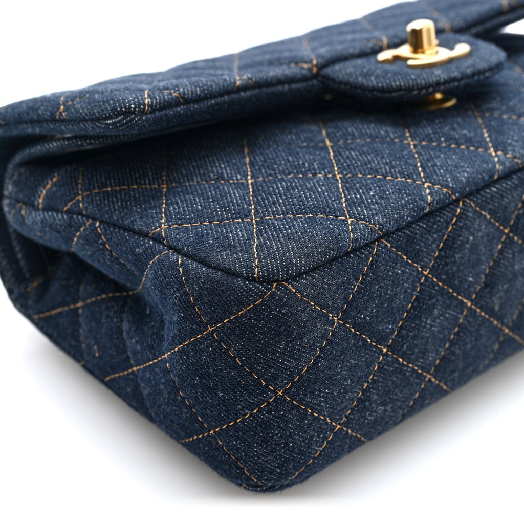 Denim Quilted Small Double Flap Dark Blue Orange At My store