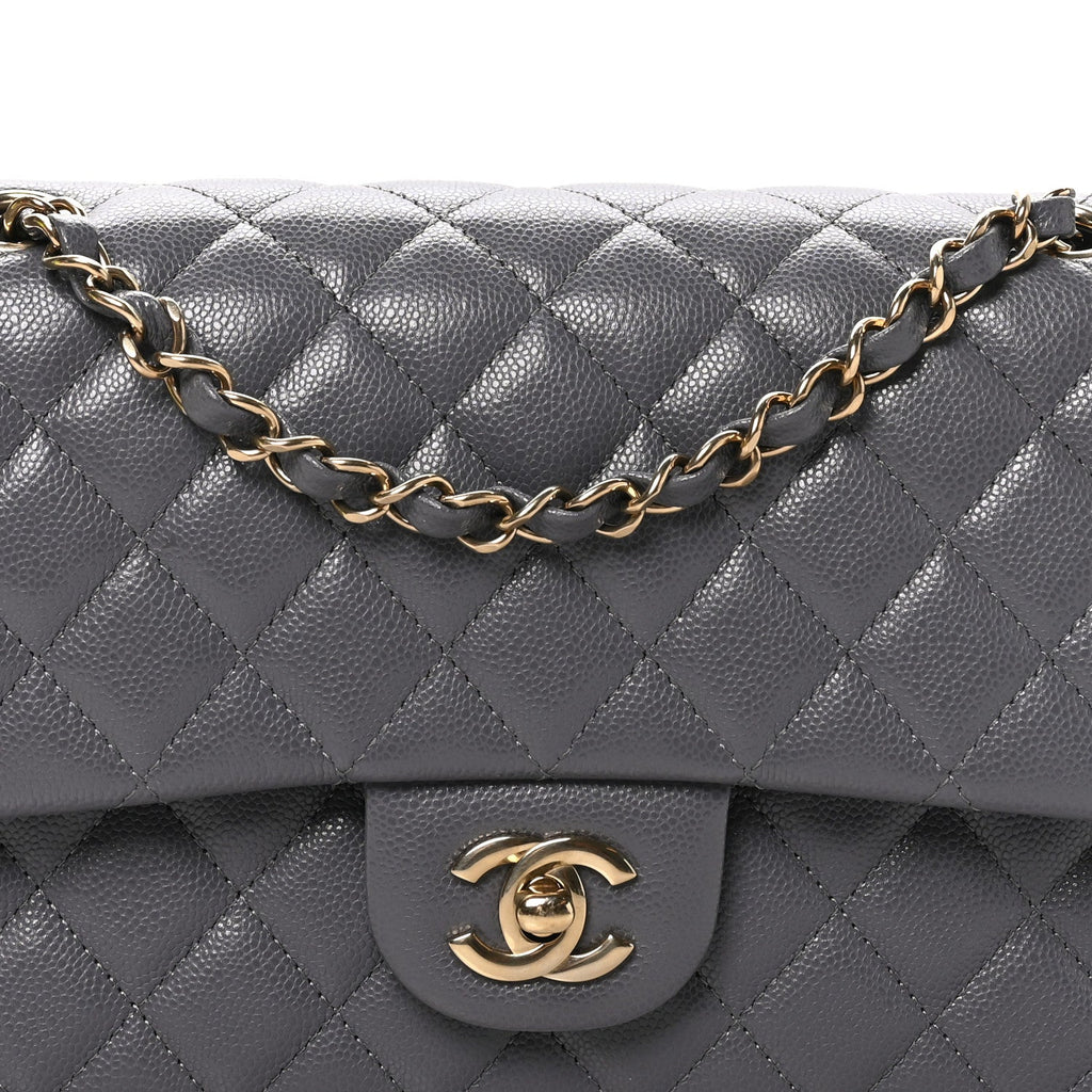Caviar Quilted Medium Double Flap Dark Grey At My store