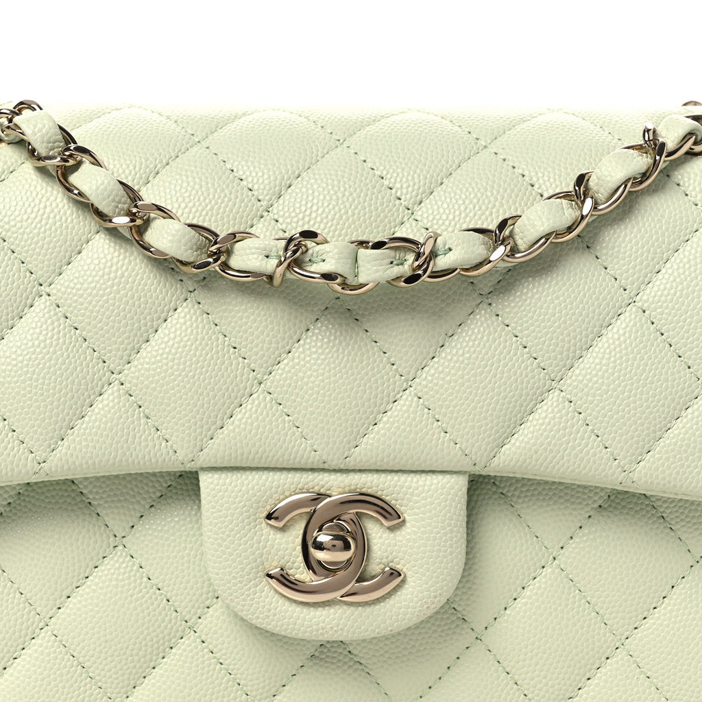Caviar Quilted Small Double Flap Light Green At My store