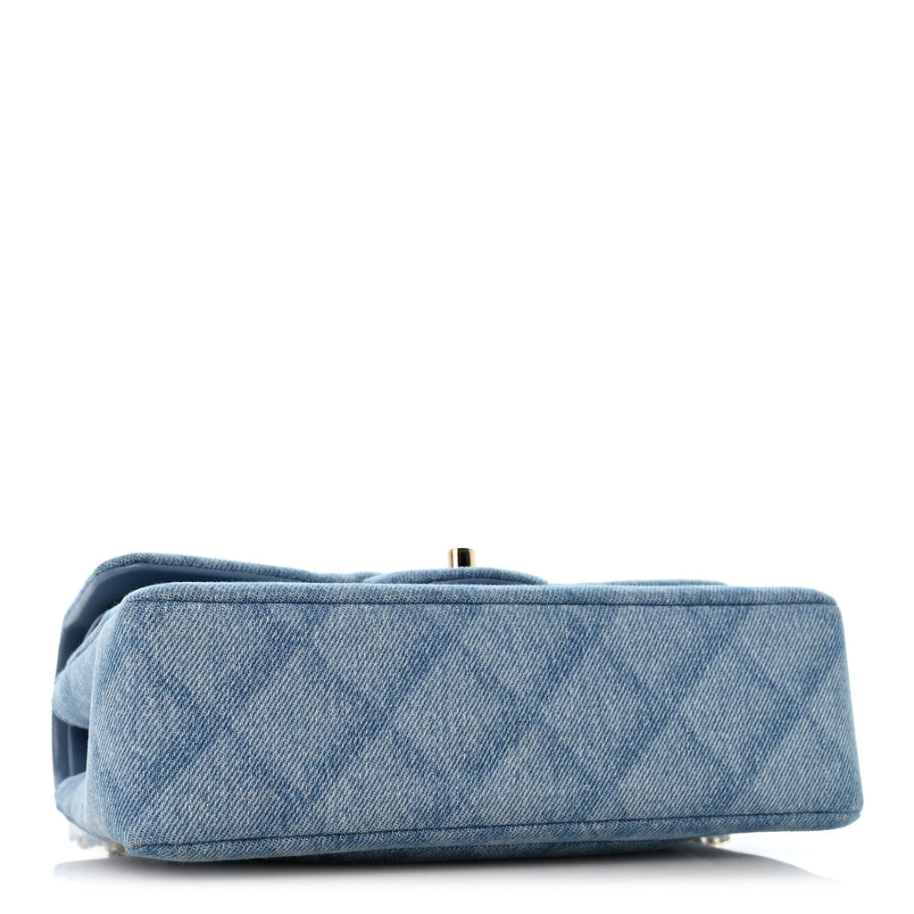 Printed Denim Quilted Small Double Flap Light Blue At My store