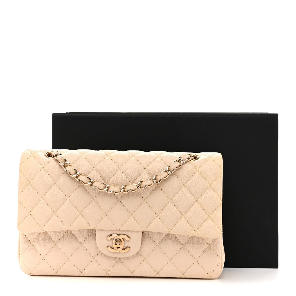Caviar Quilted Medium Double Flap Light Beige At My store