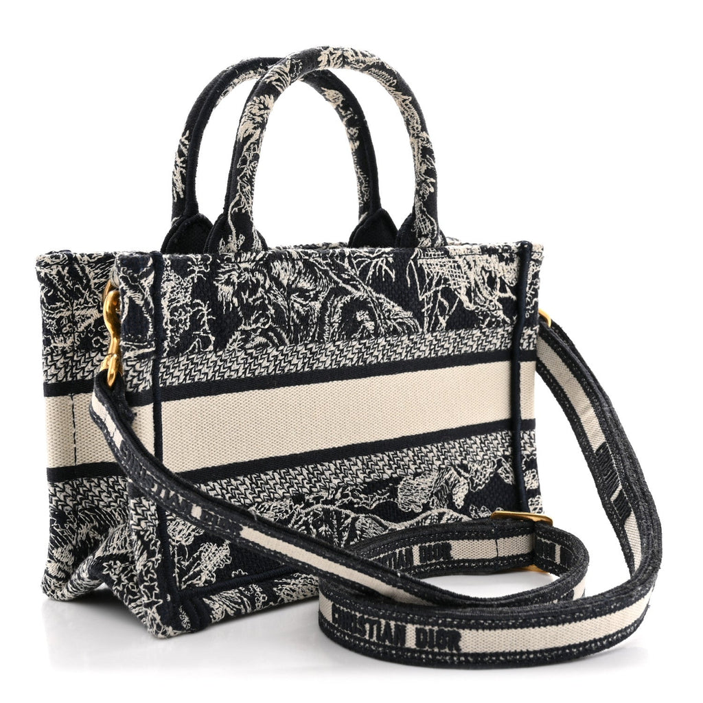 Canvas Embroidered Toile De Jouy Reverse Mini Book Tote With Strap Blue Multicolor AT My store