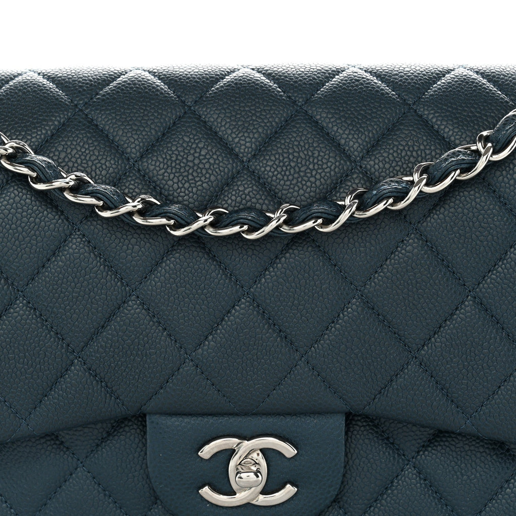 Metallic Caviar Quilted Jumbo Double Flap Dark Blue At My store