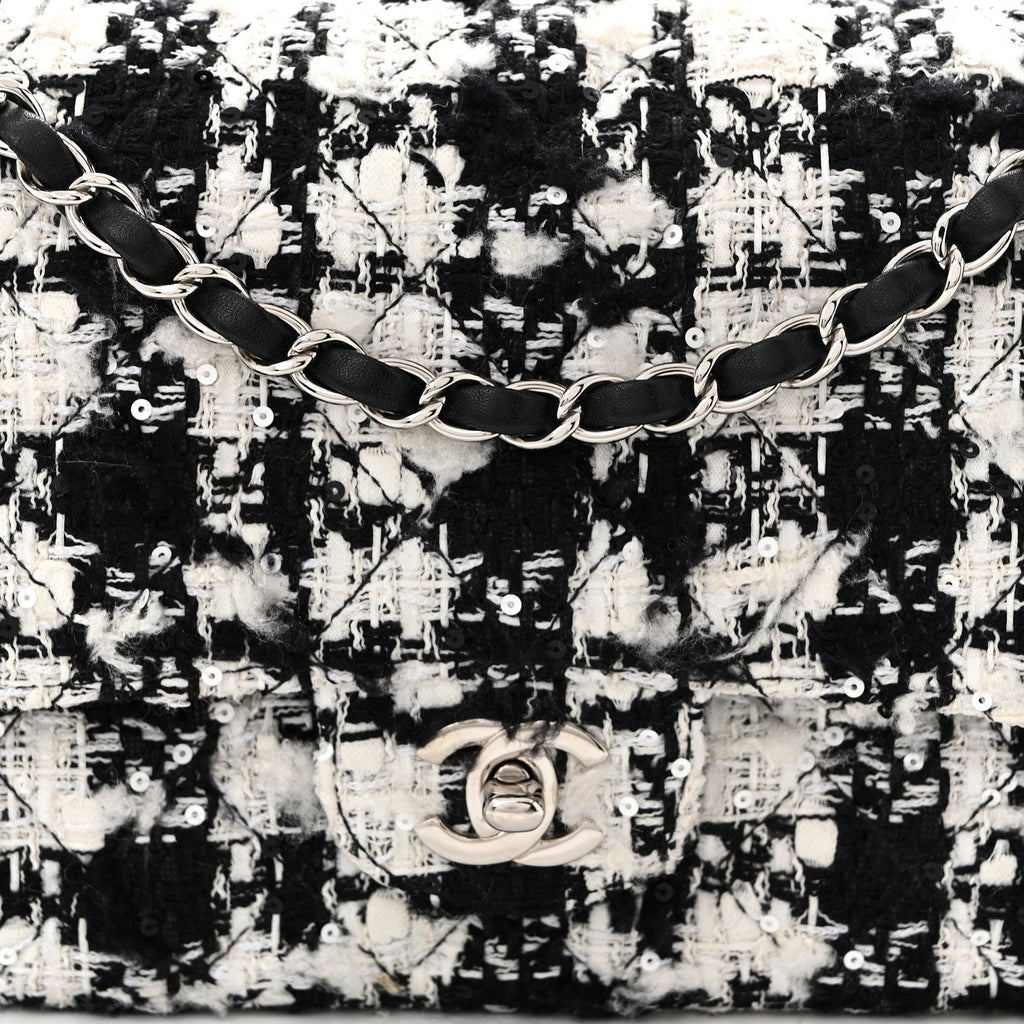 Tweed Sequin Quilted Medium Double Flap Black White At My store