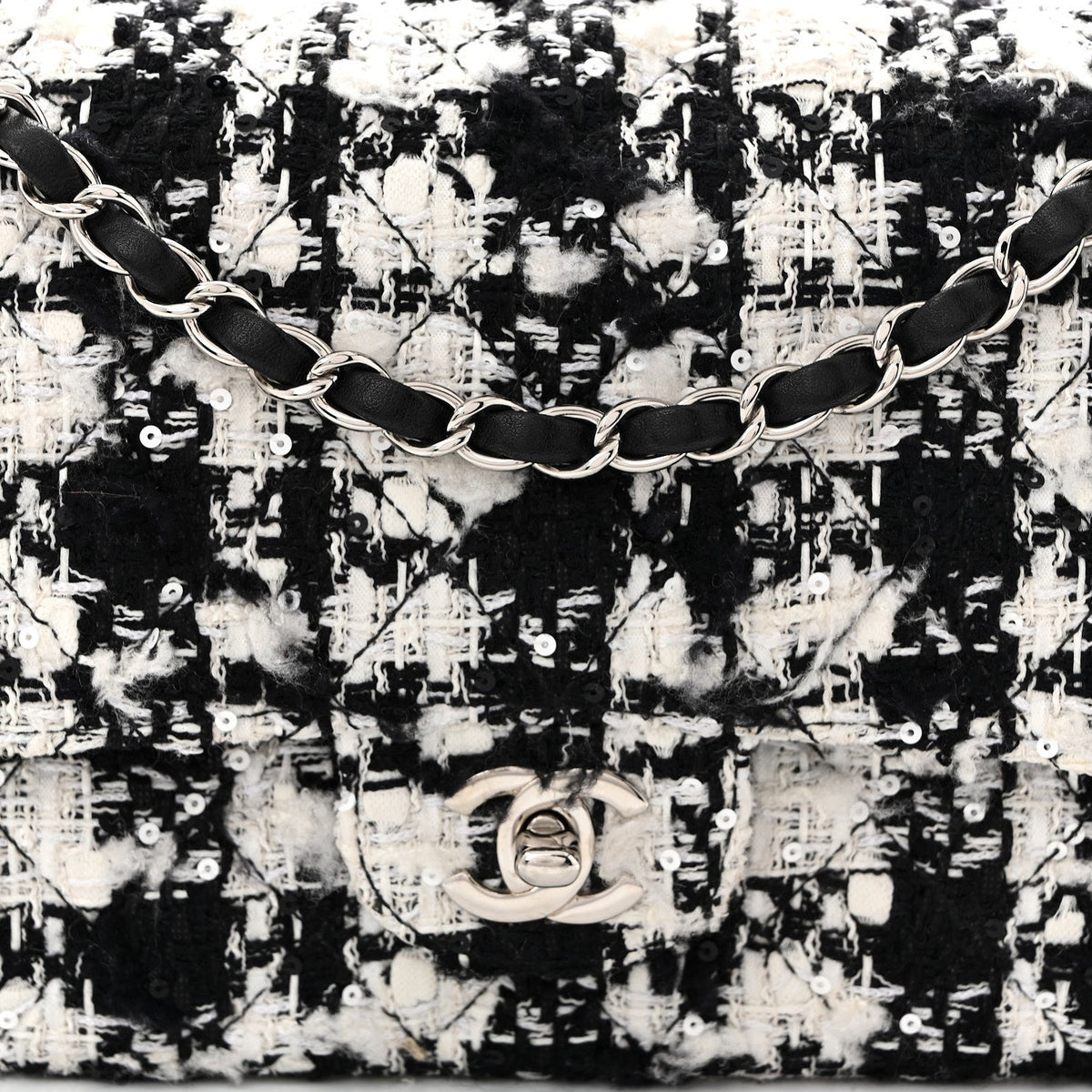Tweed Sequin Quilted Medium Double Flap Black White At My store