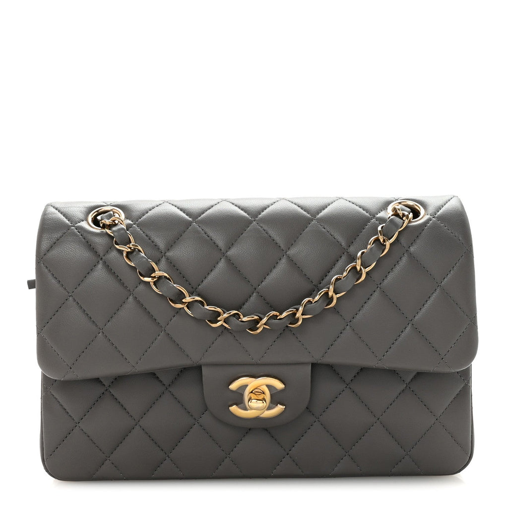 Lambskin Quilted Small Double Flap Grey At My store