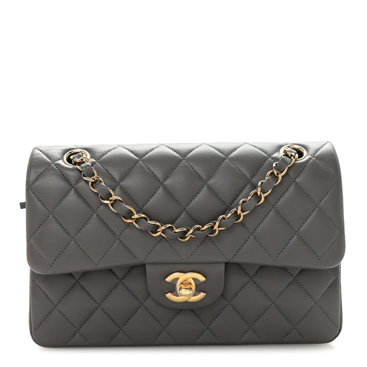 Lambskin Quilted Small Double Flap Grey At My store