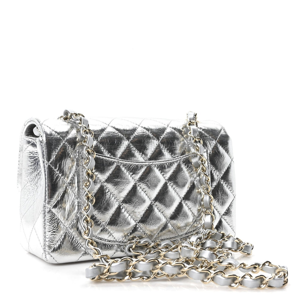 Hammered Metallic Calfskin Quilted Small Double Flap Silver At My store