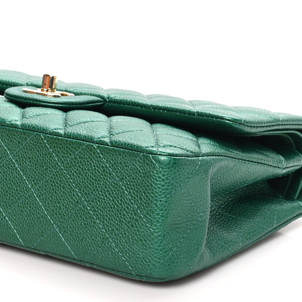 Metallic Caviar Quilted Medium Double Flap Green At My store