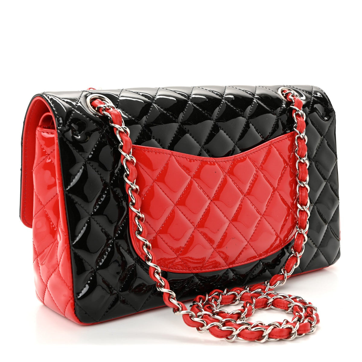 Patent Calfskin Quilted Bi-Color Medium Double Flap Black Red At My store