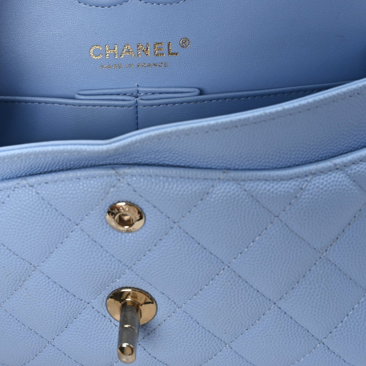 Caviar Quilted Small Double Flap Light Blue At My store