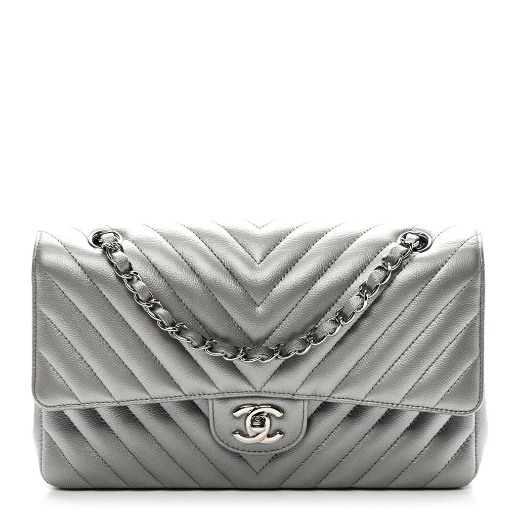 Metallic Caviar Chevron Quilted Medium Double Flap Silver At My store