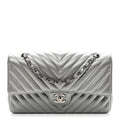 Metallic Caviar Chevron Quilted Medium Double Flap Silver At My store