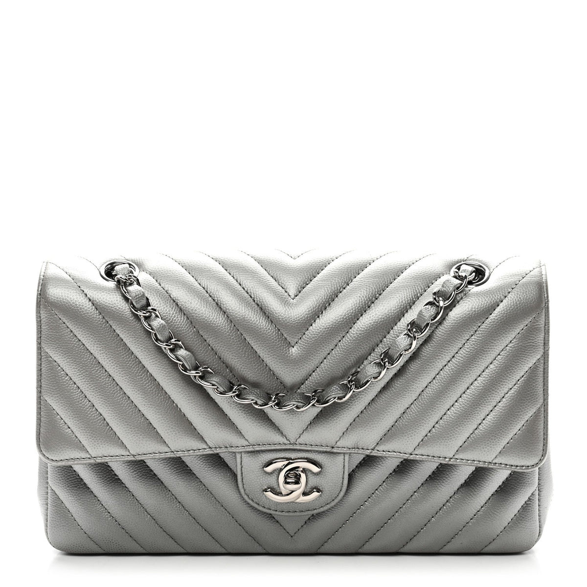 Metallic Caviar Chevron Quilted Medium Double Flap Silver At My store