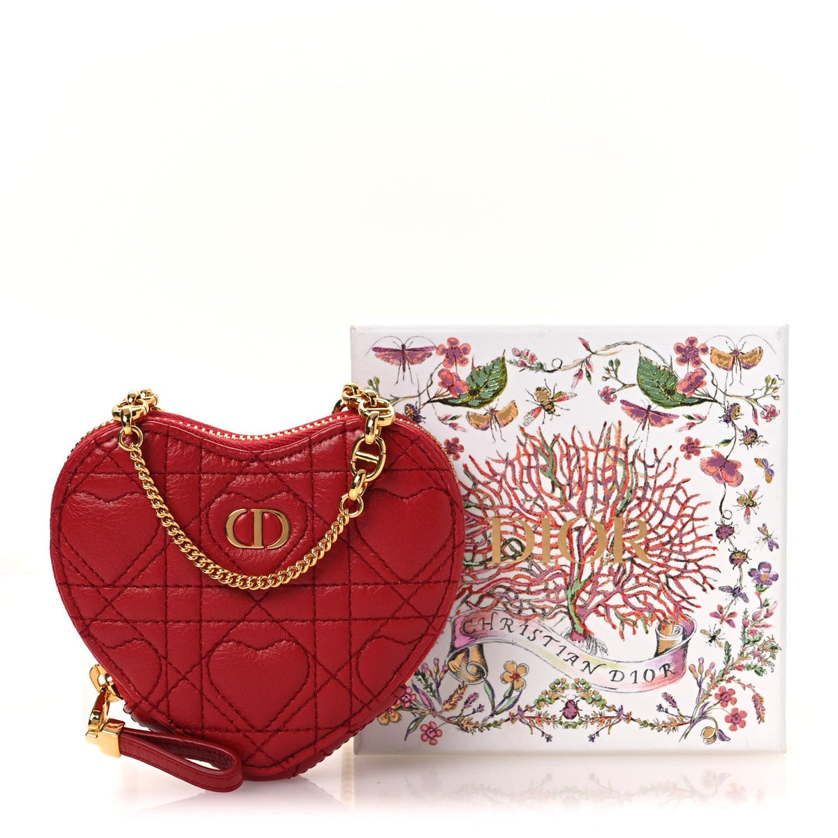 Calfskin Cannage Dioramour Caro Heart Pouch With Chain Bright Red AT My store