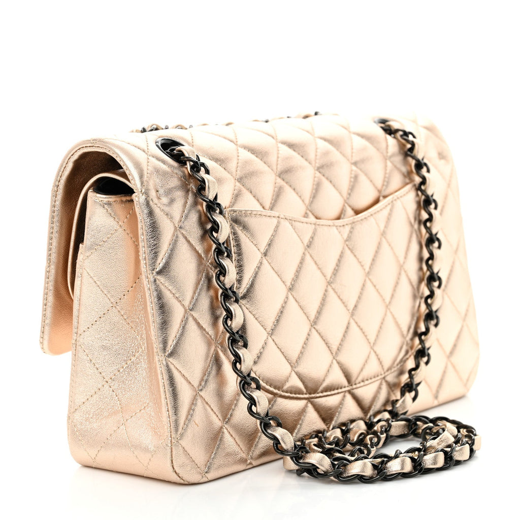 Metallic Lambskin Quilted Medium Double Flap Gold Black At My store