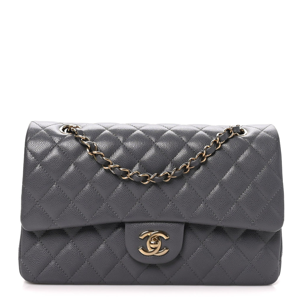 Caviar Quilted Medium Double Flap Dark Grey At My store
