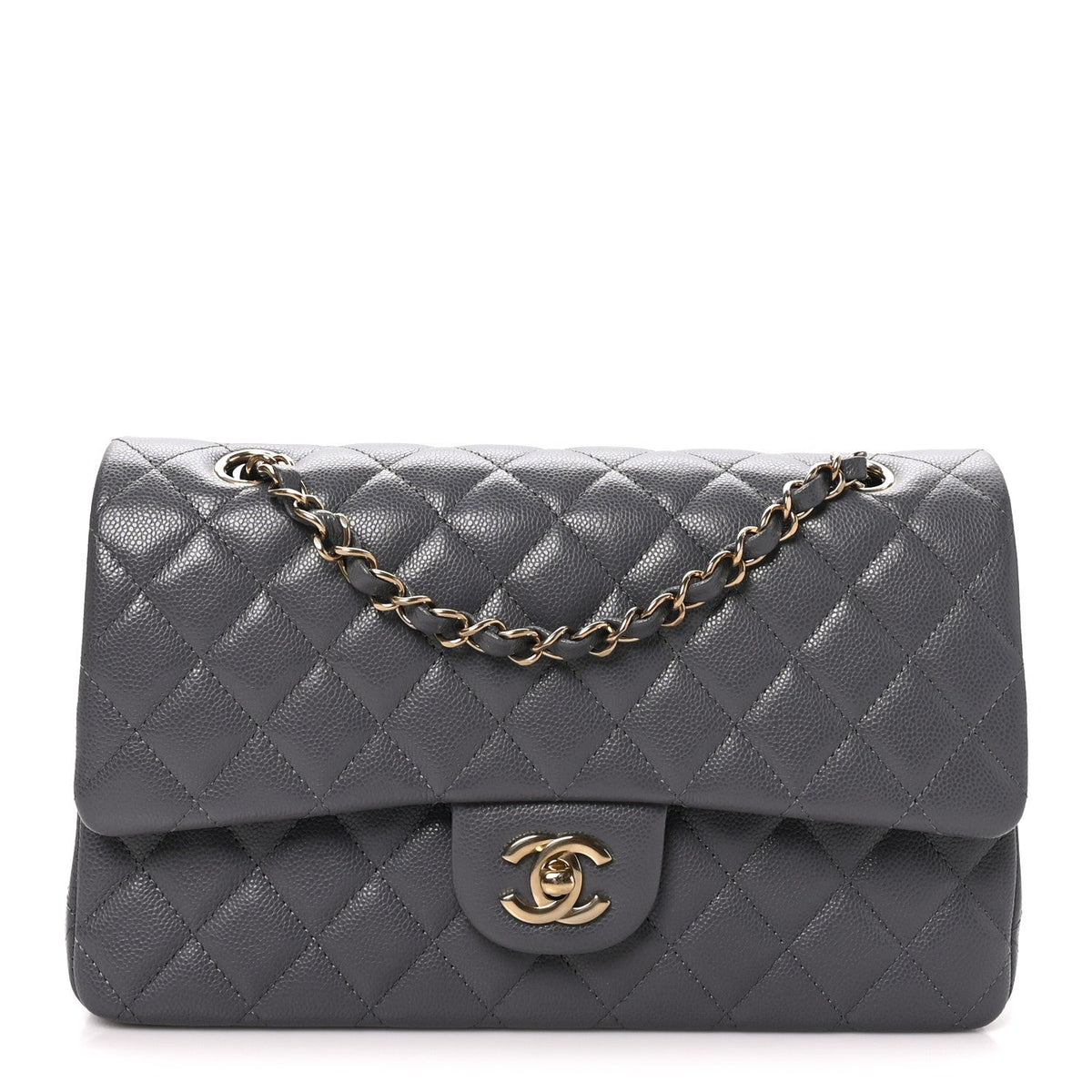 Caviar Quilted Medium Double Flap Dark Grey At My store