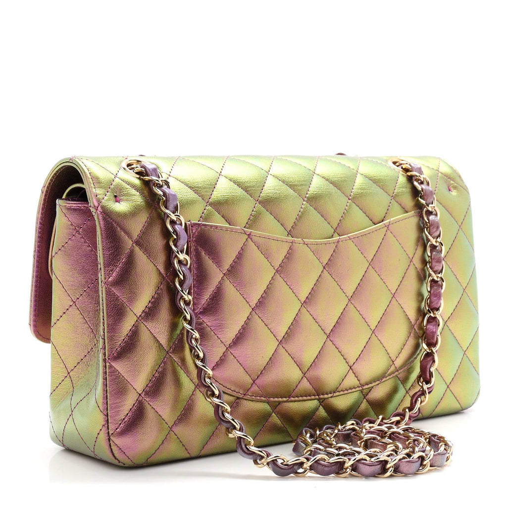 Iridescent Lambskin Quilted Medium Double Flap Purple At My store