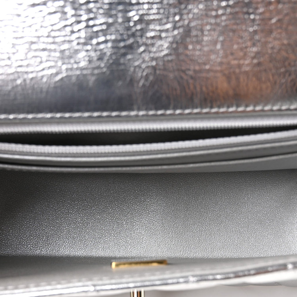 Hammered Metallic Calfskin Quilted Small Double Flap Silver At My store