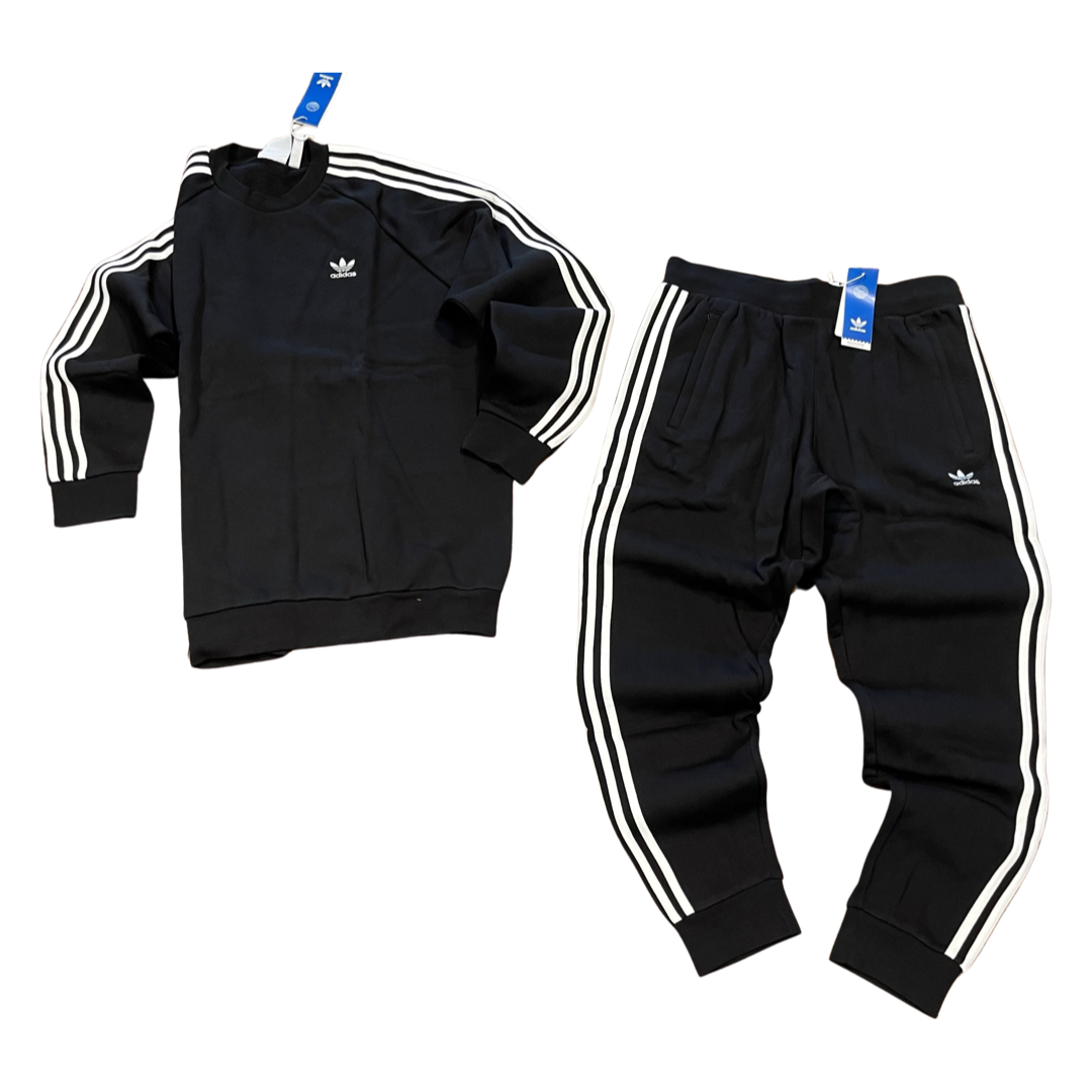 New Arrival Adidas Originals Men 3-STRIPES CREW  SWEATSUIT- BLACK WHITE